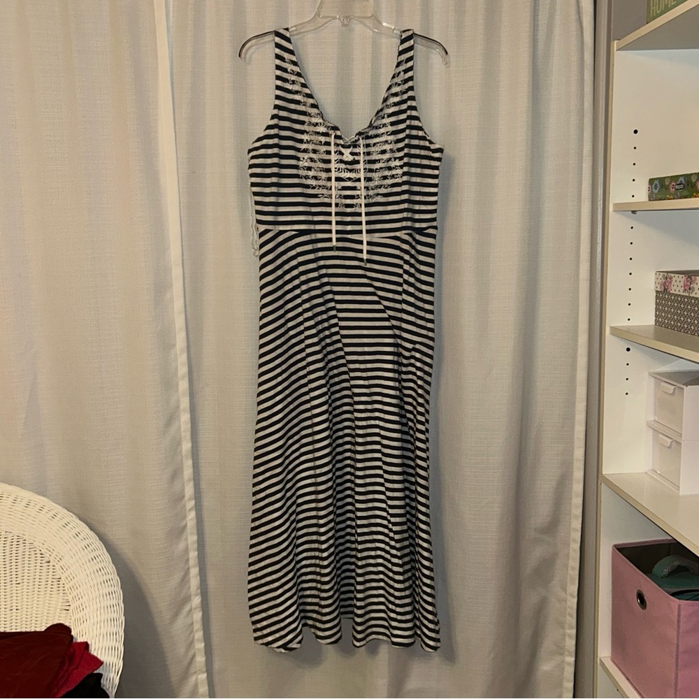 Chaps Navy and White Striped Dress